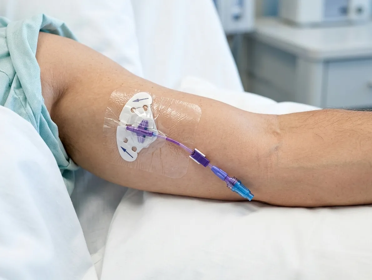 PICC line protégé par un pansement transparent sur le bras