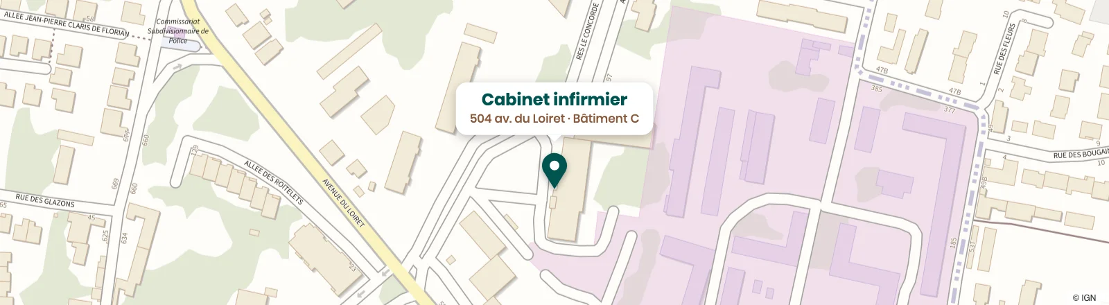 Plan du quartier : cabinet infirmier au 504 avenue du Loiret, bâtiment C, à Olivet