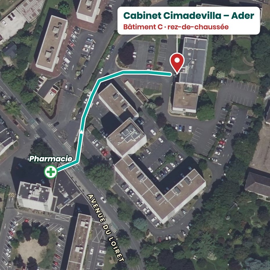 Plan d'accès au cabinet infirmier, bâtiment C, depuis la pharmacie de l'avenue du Loiret